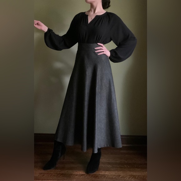 Charcoal Flared Maxi Skirt, High Waist, Herringbone Skirt - Picture 2 of 8